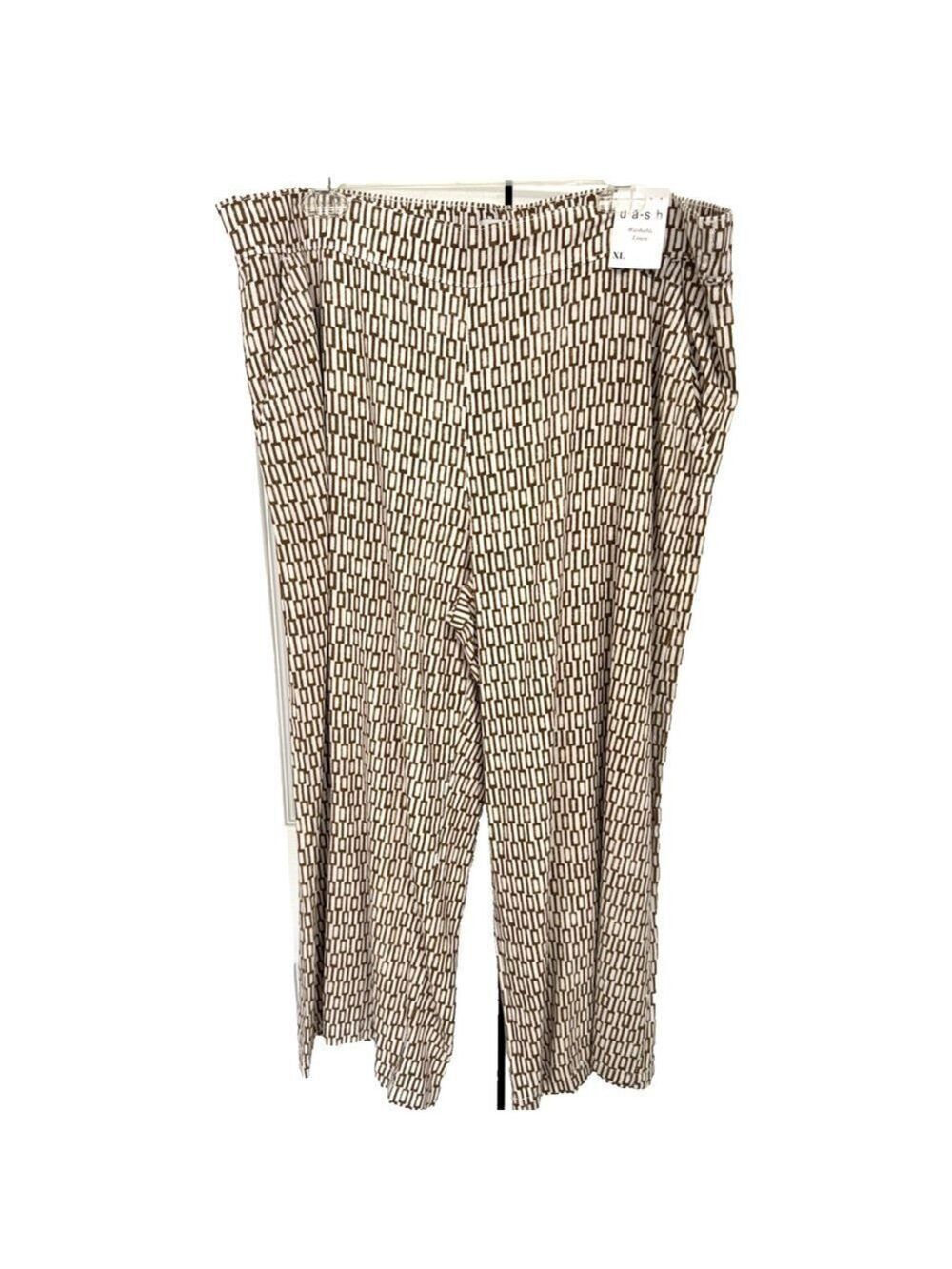 Dash Womens XL Linen Blend Pants Wide Leg Pants Casual Brown White Geometric